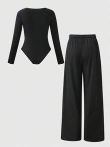 LanaWest 2pcs Black U-Neck Wide Leg Jumpsuit, Casual Slim Fit Fashion Minimalist Jumpsuit, Women - Black - View 2