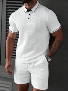 Manfinity Homme Men's Casual Textured Short Sleeve Polo Shirt And Shorts Set,Summer Vacation White And Black 2 Piece Co Ord Set,Men's White Casual 2 Piece Short Set - White - View 1