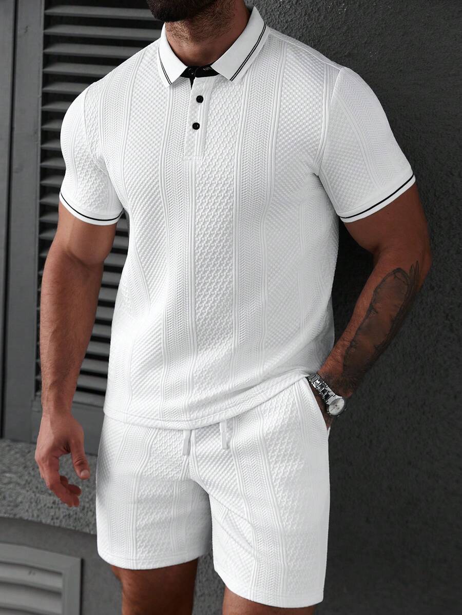 Manfinity Homme Men's Casual Textured Short Sleeve Polo Shirt And Shorts Set,Summer Vacation White And Black 2 Piece Co Ord Set,Men's White Casual 2 Piece Short Set - White - View 1