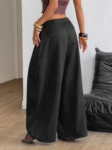 Coolane Women's Spring/Summer Streetwear Casual Hippie Party Y2K Chic Preppy Black Wide Leg Curved Hem Pants With Pockets - Black - View 6