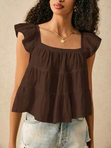 SHEIN Frenchy Women's Casual Solid Color Ruffle Hem Blouse, Summer - Coffee Brown - View 3