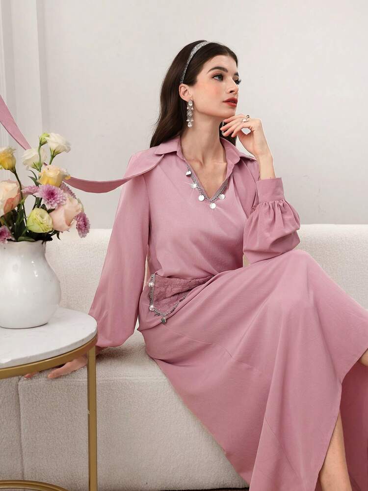 Al Najma 女士粉色V领飘逸缎带高端串珠蕾丝边宽松连衣裙 - 粉色 - 查看 4