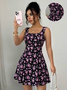 Rafferiza Đầm chữ A không tay dành cho nữ, họa tiết hoa nhí, cổ vuông và thắt eo. - Đỏ và đen - Xem 1