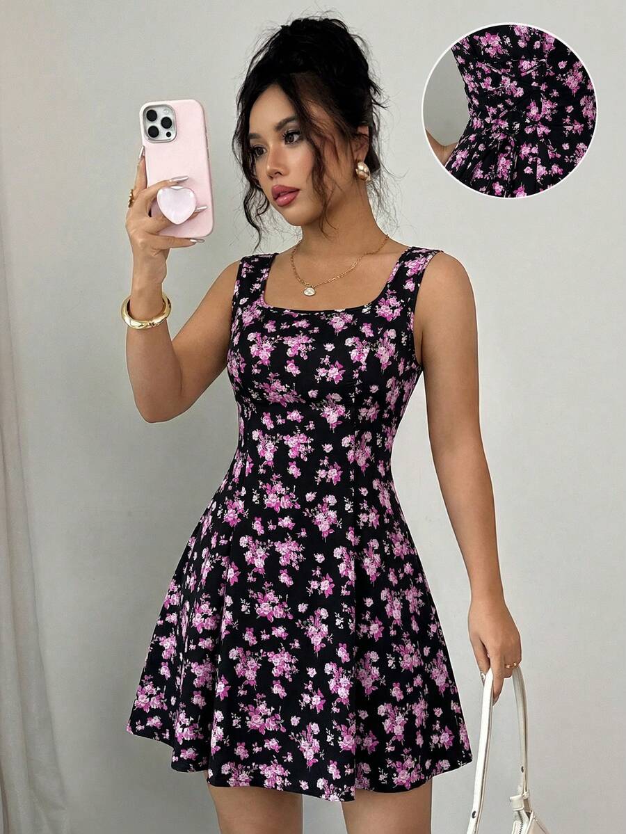 Rafferiza Đầm chữ A không tay dành cho nữ, họa tiết hoa nhí, cổ vuông và thắt eo. - Đỏ và đen - Xem 1