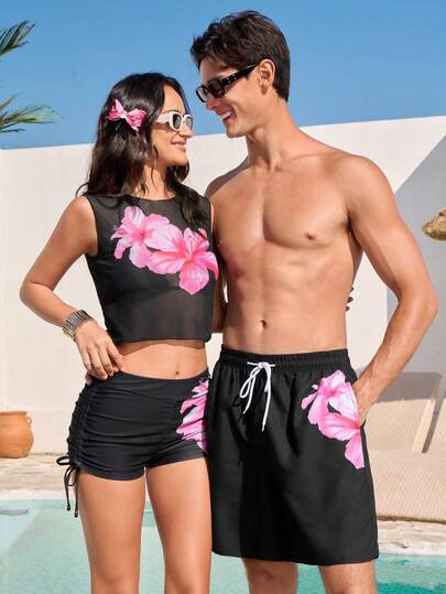 Manfinity VDAYZ Men's Floral Print Drawstring Beach Shorts Matching Couple Swimwear Couple Bathing Suit Set Boyfriend And Girlfriend Matching Swimsuits Print Black Pink Flowers Swimwear Matching Couple Swimsuits Couple Bathing Suit Set His And Hers Swimsuits Couple Beachwear Men Swim Trunks Couple Couples Matching Swimwear Couples Beach Wear His And Her Swim Suit