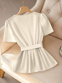 SHEIN Elegante Bluse für Damen mit Strass-Verzierung, quadratischem Kragen, Puffärmeln, Taillenband, A-Linie Silhouette, geeignet für Büro und Alltag, Frühling/Sommer - Aprikosenfarben - Übersicht 2