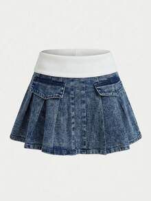 Sweetra Women's Fashion Casual Versatile Patchwork Pleated Denim Mini Skirt - Dark Wash - View 4