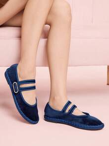 CUCCOO DOLLMOD 女士灰色优雅天鹅绒经典舒适天鹅绒平行双带玛丽珍平底鞋 - 藏蓝色 - 查看 7
