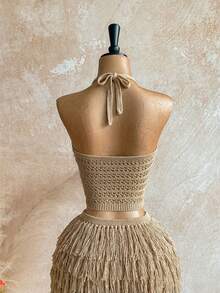 Soleia Women's V-Neck Halter Tie Backless Crop Top And Fringe Hem Mini Skirt 2 Piece Set, Suitable For Party, Christmas, Date Night, Nightclub, Bohemian, Boho, Vacation, Fall - Apricot - View 3