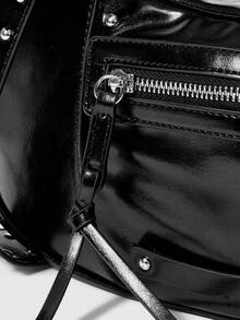 ROMWE Grunge Punk 铆钉单肩包，Y2K 火车包，黑色多口袋斜挎包。 - 黑色 - 查看 3