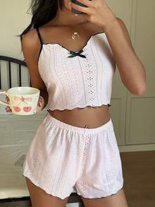 Lowkey Lull Women's Summer Schiffy Contrast Lettuce Trim Cropped Camisole And Shorts Pajama Set - Dusty Pink - View 6