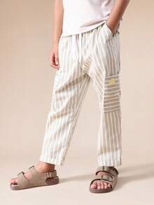 SUMWON 男童条纹工装裤，侧边口袋，宽松版型，休闲春夏裤装，卷边裤脚 - 綠色 - 查看 1