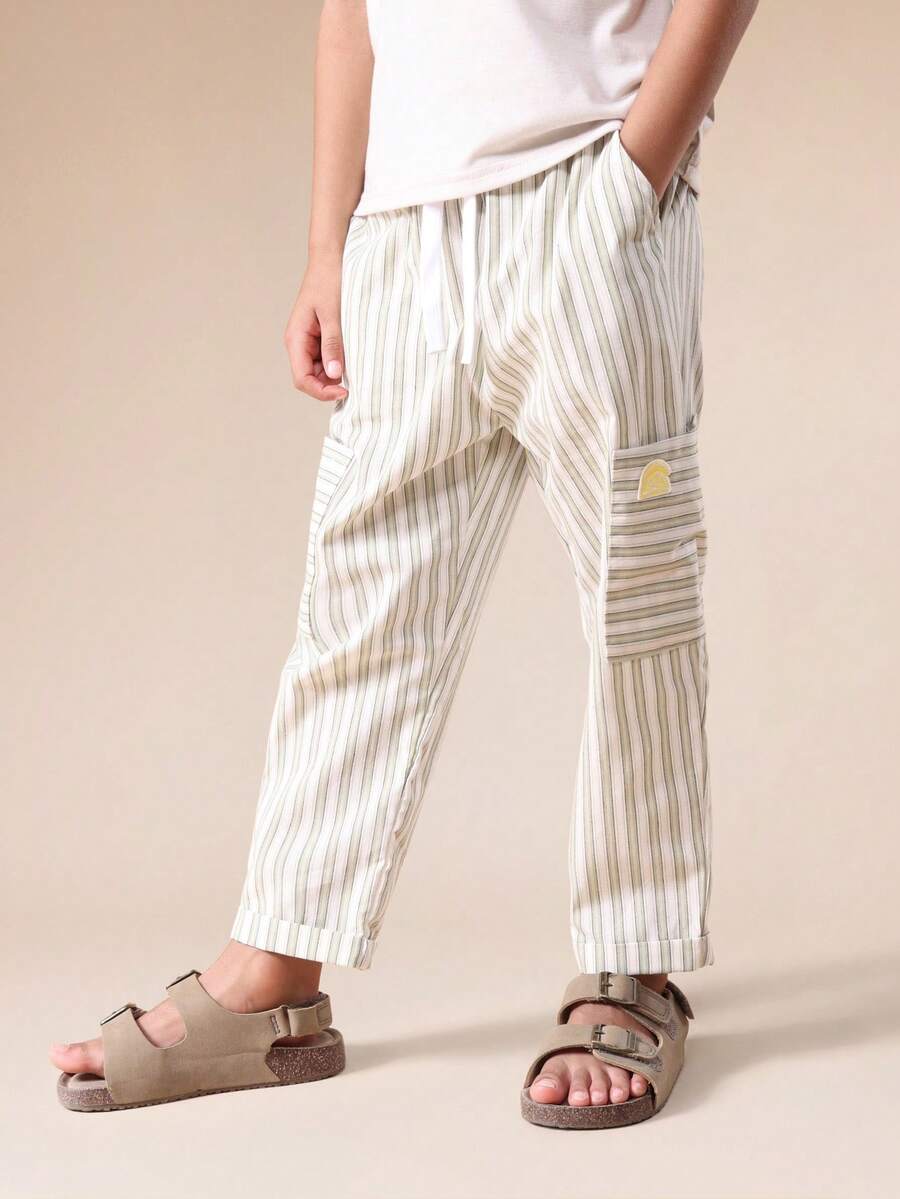 SUMWON 男童条纹工装裤，侧边口袋，宽松版型，休闲春夏裤装，卷边裤脚 - 綠色 - 查看 1