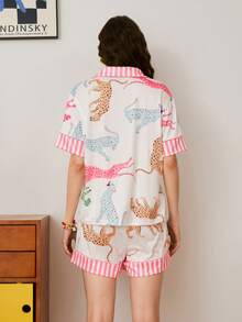 Young Leopard Print Pajama Set, Loose Casual Lapel Women Sleepwear Set - Multicolor - View 2
