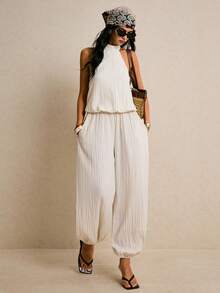 Poéselle 女士休闲度假通勤纯色纹理面料扭结露背连体裤，春夏款 - 杏色 - 查看 8