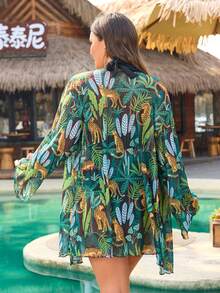 Swim Vcay Plus Size Women's Tropical Plant Print Halter Bikini Set With Mesh Cover-Up, 3-Piece Swimwear - Multicolor - View 2