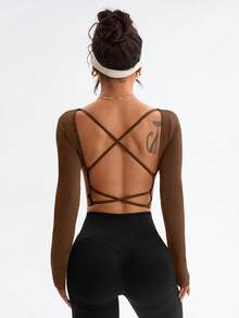 Dewbera 女士时尚优雅性感U领露背交叉设计修身短袖运动T恤，春秋季 - 咖啡棕 - 查看 1