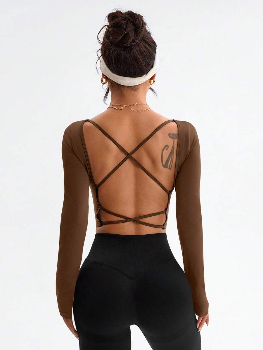 Dewbera 女士时尚优雅性感U领露背交叉设计修身短袖运动T恤，春秋季 - 咖啡棕 - 查看 1