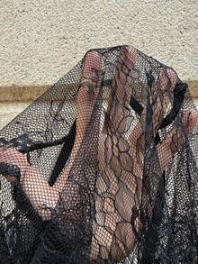 Siren Gaze Summer Black Lace Sheer Cover-Up For Women, "Sexy Mesh And Lace Fitted Long-Sleeved Top - Elegant Hollow-Out Design, French Retro Street Fashion Women's Wear" - A Stylish And Versatile Top - Black - View 8