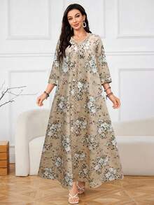 Lacomfia Đầm nữ kiểu Ả Rập mùa xuân/hè, tay lửng, cổ chữ V, in hoa, viền bèo nhún, dáng rộng, viền ren. - Màu be - Xem 1