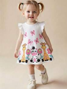 SHEIN Playful Pals Baby Girl Colorful Floral, Butterfly & Animal Print Knit Ruffle Hem White Dress, Summer - Multicolor - View 4