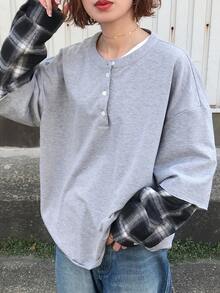 FRIFUL Women's Plaid Patchwork Loose Casual Versatile T-Shirt, Spring - Grey - View 4