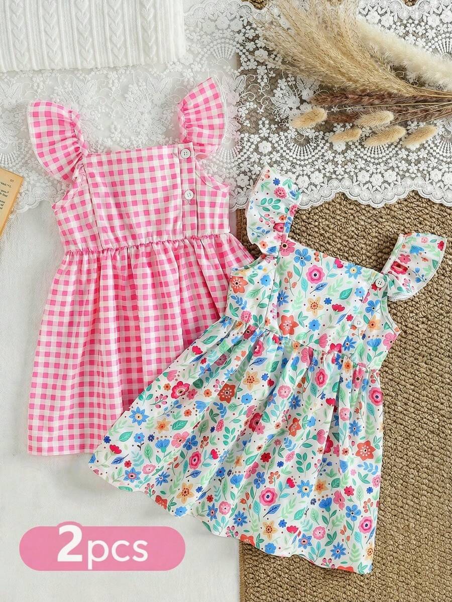 SHEIN Baby Girl 2-Piece Plaid & Floral Print Flutter Sleeve Button Front Dress, Versatile For Casual, Outdoor, Holiday, Party Wear - Pink - View 1