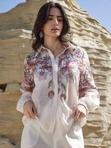 Dazy-Less Women's Long Sleeve Floral Print Button Front Casual Blouse - White - View 3