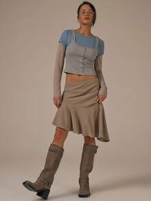 MUSERA Mehrschichtiges Kontrast Langarm-Kurzarm-Weste Top Figurbetontes Top Frühling Sommer Süß Gemütlich Cottage-Stil Frühlingstau - Verschiedenfarbig - Übersicht 4