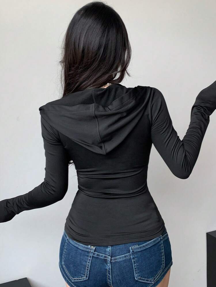 Women's Elegant Fitted Basic Hooded Cardigan, Long Sleeve Cotton T-Shirt, Spring/Summer