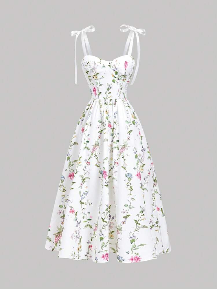 SHEIN MOD Vestido midi elegante con estampado floral y hombros con lazo, adecuado para vacaciones - Multicolor - Añade 3