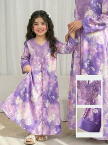 Vestido feminino com apliques bordados, macio e confortável, estampa roxa, decote em V e mangas compridas. Estilo Oriente Médio, árabe, casual, boêmio, bordado, artístico, retrô, ideal para férias e viagens. - Roxa - Ver 4