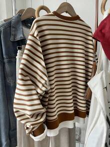 SHEIN 女士休闲条纹套头卫衣，时尚百搭，适合户外穿着、街头摄影、返校季、教师节等场合，常规圆领卫衣 - 彩色 - 查看 2