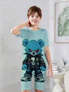 SHEIN 2pcs Kids/Tween Boys Casual Everyday Versatile Comfortable Printed Pattern Crew Neck Loose Pullover Short Sleeve Top And Shorts Knit Tight Fit Pajama Set - Multicolor - View 5