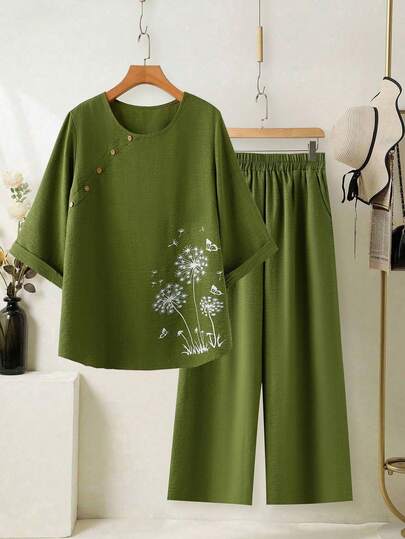 SHEIN Plus Size Women's French Style Casual Elegant Graphic Print Shirt & Cropped Pants 2-Piece Set