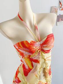 Soleia Women's Floral Print Lace Patchwork Halter Neck Backless Cami Top And Fish Tail Hem Skirt 2 Pieces Set, Vacation - Light Yellow - View 3