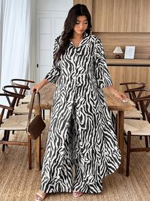 Weeklong Plus Size Women Zebra Print 3/4 Sleeve Long Shirt And Wide Leg Pants Loose 2 Pieces Set - Black and White - View 4