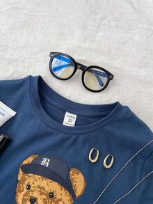 SHEIN Casual Everyday Cute Bear Graphic Fitted Crew Neck T-Shirt, Powder Blue For Teen Girls - Navy Blue - View 3