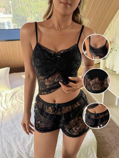 SHEIN 2件套蕾丝边吊带背心和短裤睡衣套装，性感显瘦