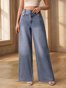 Selenza 女士休闲高腰阔腿水洗牛仔裤 - 藍色 - 查看 4