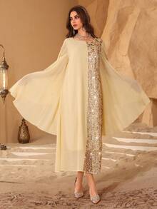 Al Najma 女士优雅串珠腰带拼接束腰连衣裙 - 鵝黃色 - 查看 4