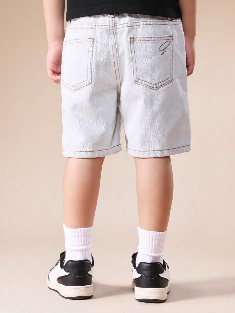 スクリプト刺繍入りブリーチカーペンターデニムショートパンツ