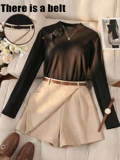 Franclia 2pcs Plus Size Women Knit Long Sleeve Top And Shorts/Skirt Set, Casual Minimalist Black Top With Belt, Comfortable Fabric, Suitable For Daily Wear