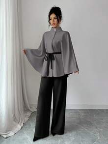 Elenzga Women's Knitted Elegant Vacation Commuting Autumn Two Pieces Set - Grey - View 5