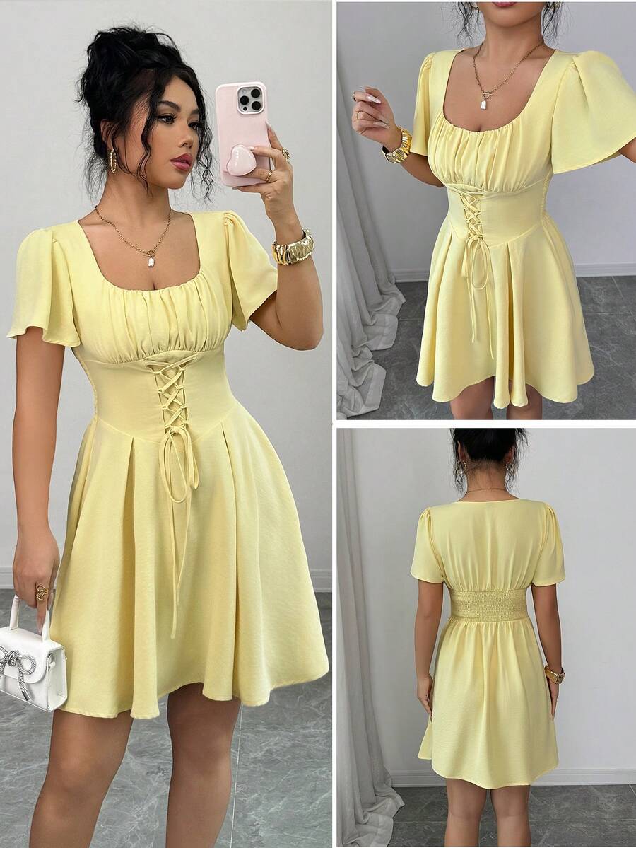 Selianne Women's Elegant Ruched U-Neck Tie-Waist A-Line Ruffle Sleeve Pale Yellow Summer Dress,Suitable For Work,Vacation,Day Party,High Tea,Spring Short Dress - Pale Yellow - View 1