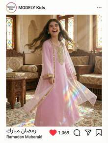 Girls' Traditional Arabic Abaya Dress, Pink & Gold Embroidered Beaded Lace Long Sleeve Robe With Mesh Overlay - Pink - View 1