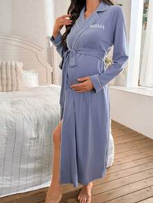 SHEIN Women's Casual Turndown Collar Long Letter Embroidery Cardigan Tie Front Long Sleeve Maternity Loungewear Jacket - Dusty Blue - View 4