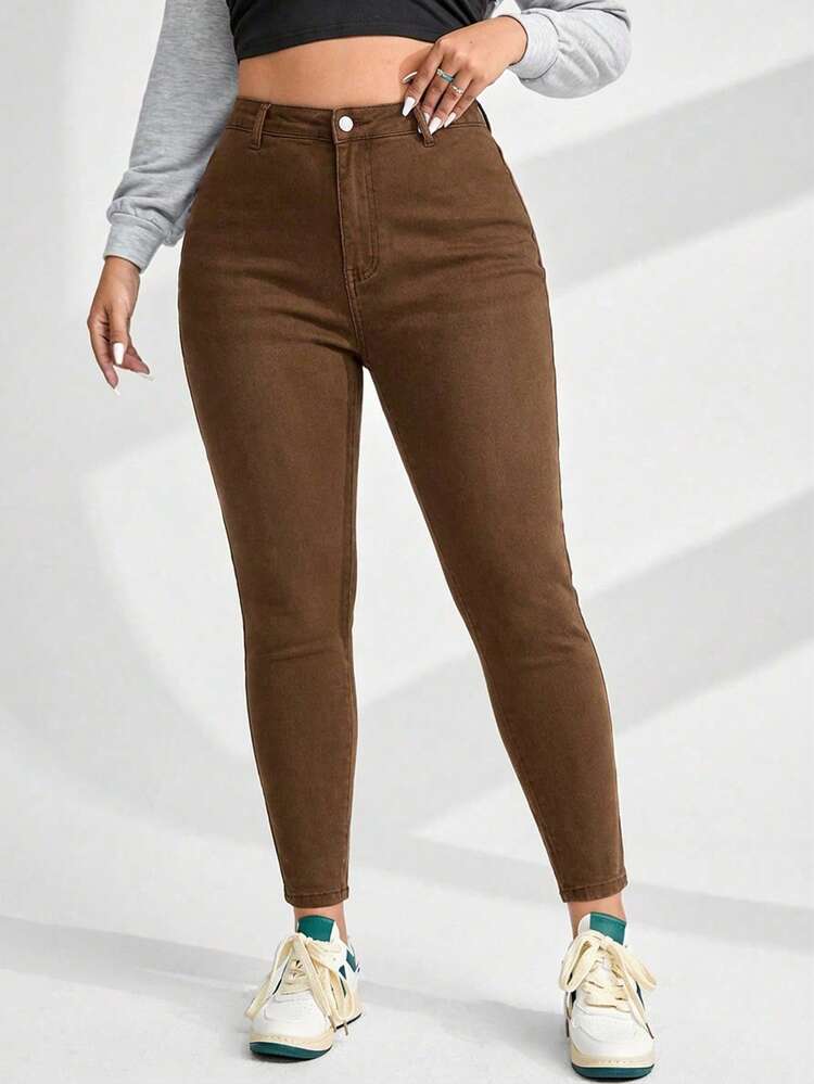 SHEIN ICON 大码女式高腰口袋修身休闲百搭牛仔裤 - 鏽棕色 - 查看 1