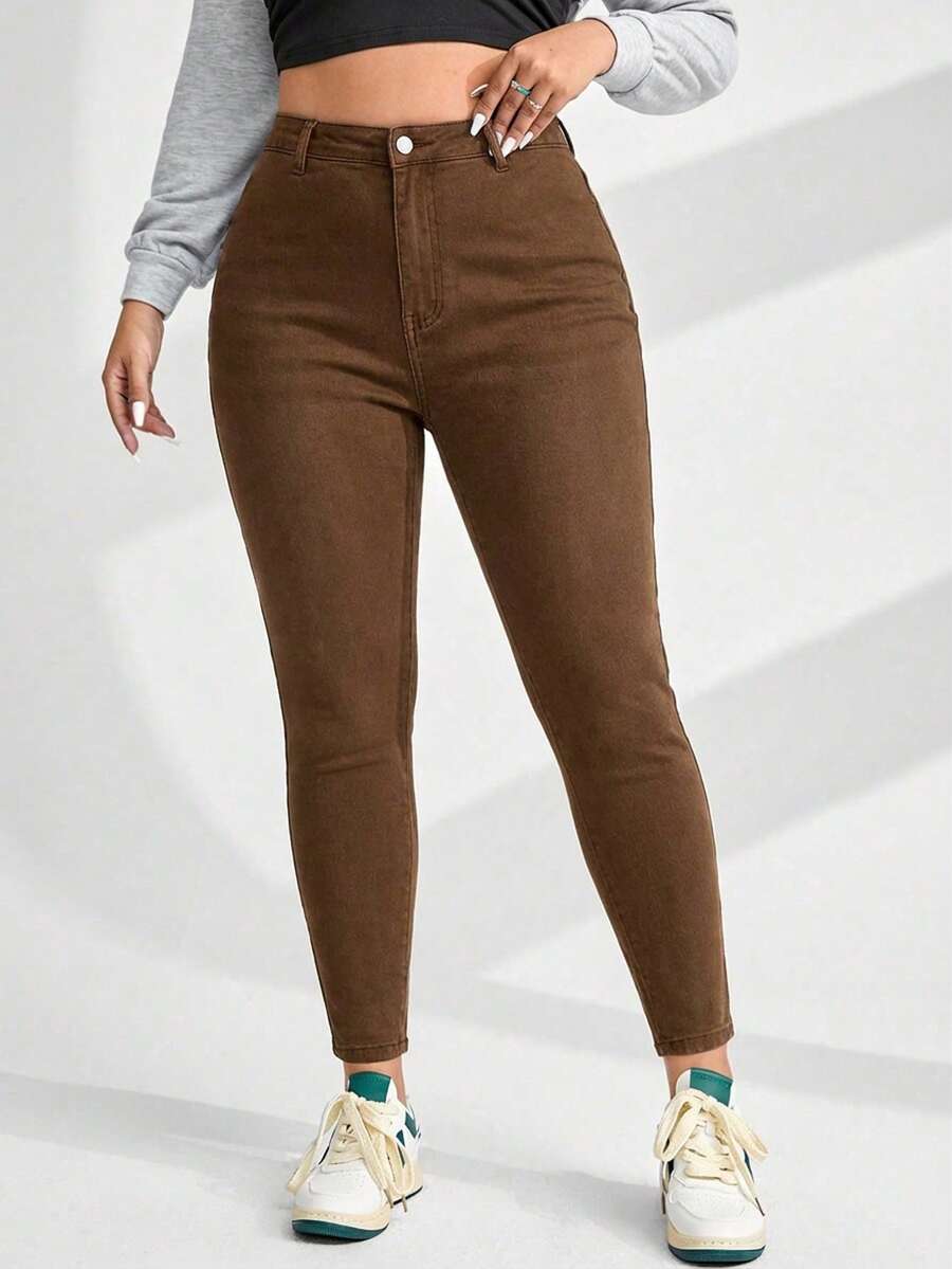 SHEIN ICON Plus Size Women High Waist Pockets Skinny Casual Versatile Jeans - Rust Brown - View 1