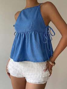 Siren Gaze 女士纯色荷叶边下摆系带无袖休闲牛仔衬衫 - 中等水洗藍 - 查看 5